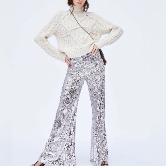 ZARA Silver Nude Flare Sequin Pants - Picture 14 of 16